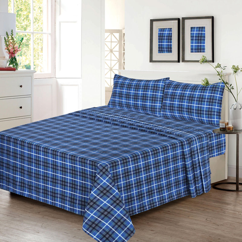 100% Cotton Flannel Sheet Set 4 Piece Warm Cozy Fall Sheets 16 inch Deep Pocket Bed Sheets, Blue/Plaid