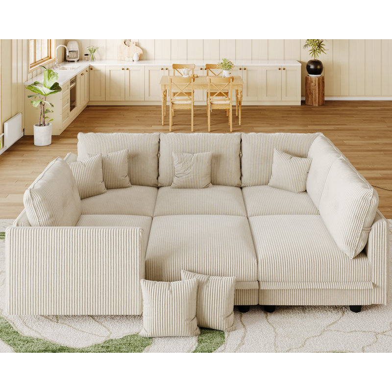 Canapé modulaire convertible 6 places en velours côtelé avec rangement, 4 coussins de dossier et 6 coussins décoratifs