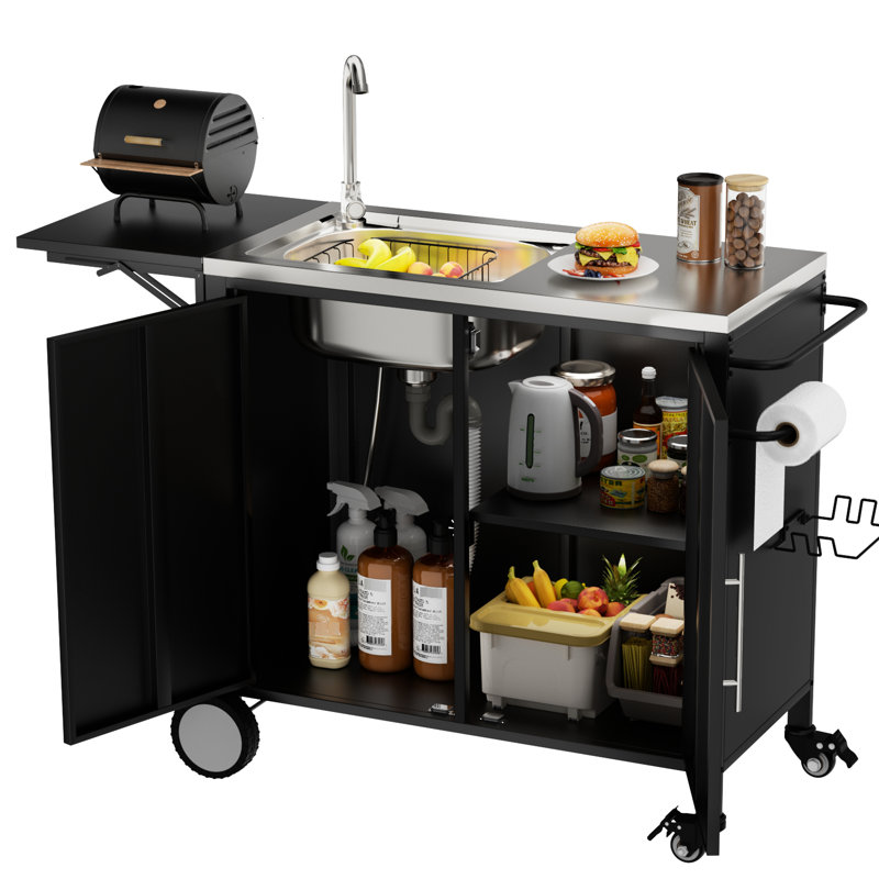 Outdoor Grill Table With Sink And Cabinet, Foldable Metal Platform, Rolling Cart 360 Lockable Wheels, 304 Stainless Steel, Spacious Workspace Wheels For Areas, Complete Drainage Function, Easy - To