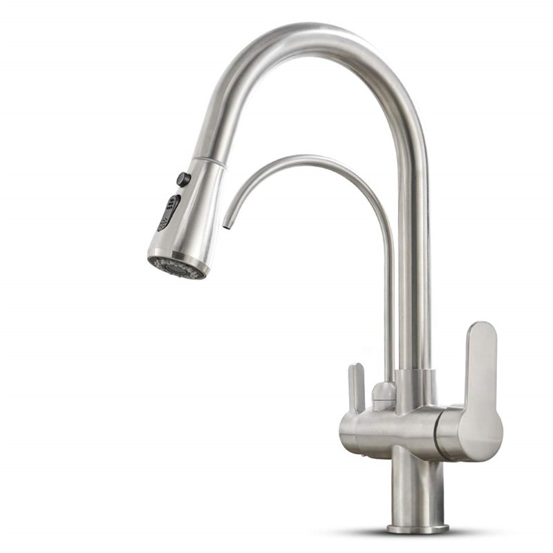 Robinet de cuisine rétractable à poignée double avec accessoires, Argent