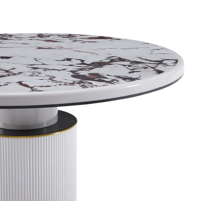 Vanessa White Marble and Wood Round Dining Table