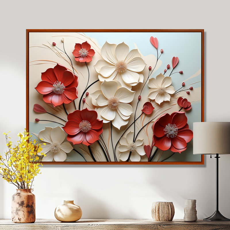 Rouge et blanc cramoisi fleur s Étreinte - art mural fleur, H 16 po x l 32 po, Reproduction avec cadre flottant, Brun