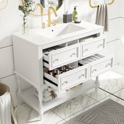 Ensemble de meuble-lavabo autoportant avec 4 tiroirs, structure en bois massif