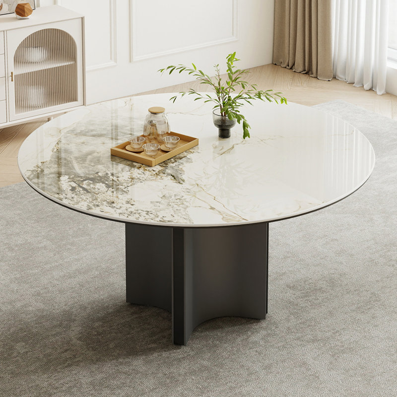 Modern 53" White Round Ceramic Sintered Stone Dining Table with Stainless Steel Base（Table only）, White