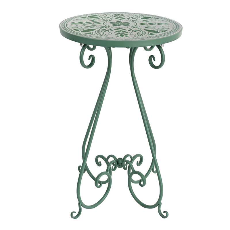  Ceramic Top End Table Patio Side Table,Vintage Metal Plant Stand, Round Accent Table for Porch,Patio, Balcony, Living Room Decor