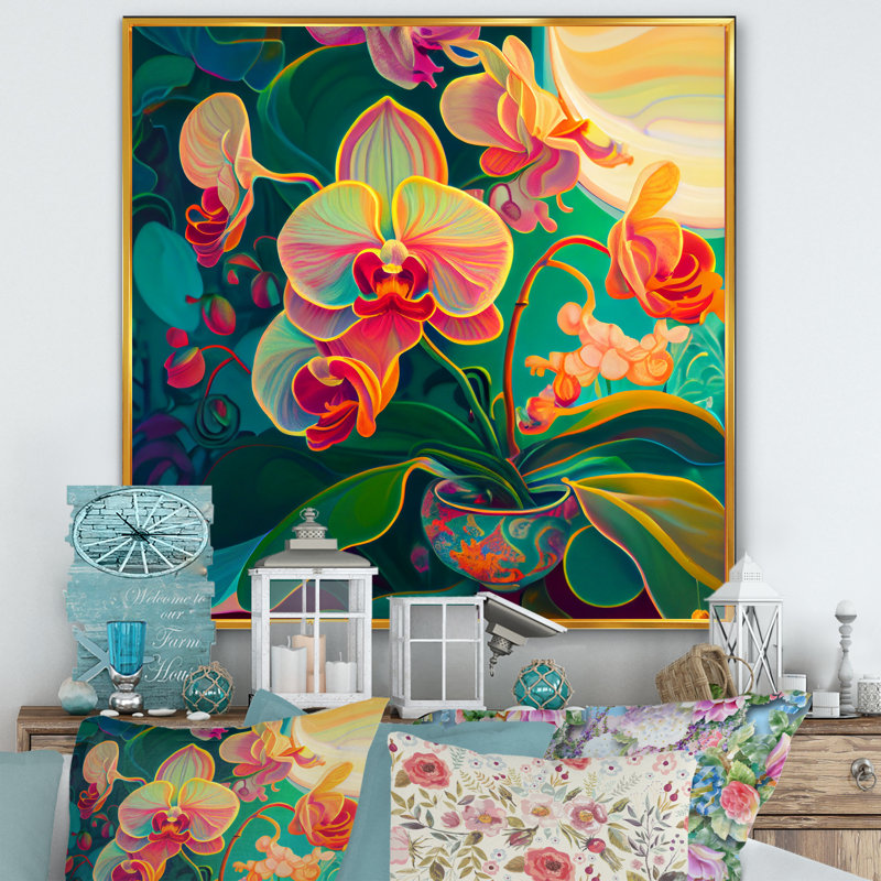 Orchidée en fleurs dans des couleurs vives rétro III - impression, H 30 po x l 30 po x P 1 po, Cadre flottant doré