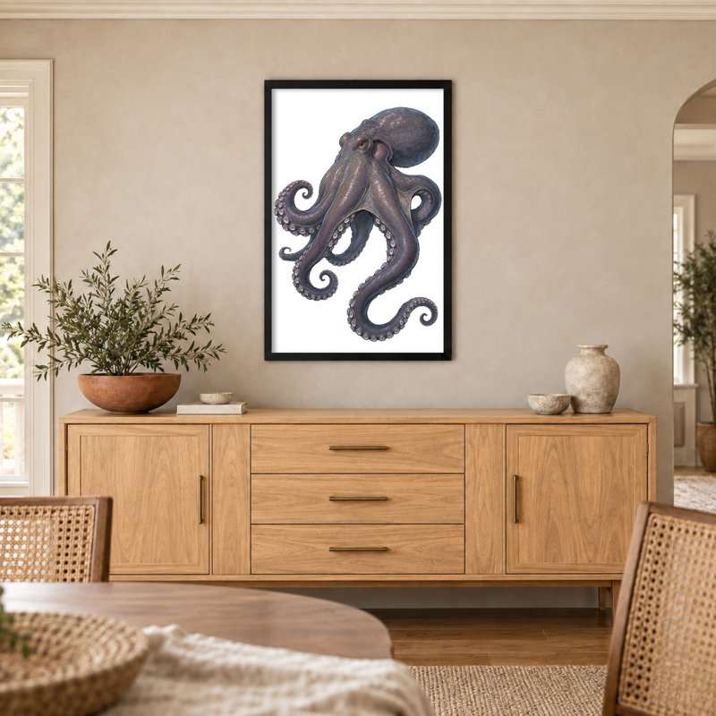«Octopus Is Shown in This Dessin», art mural sur toile encadré noir, H 37 po x l 25 po
