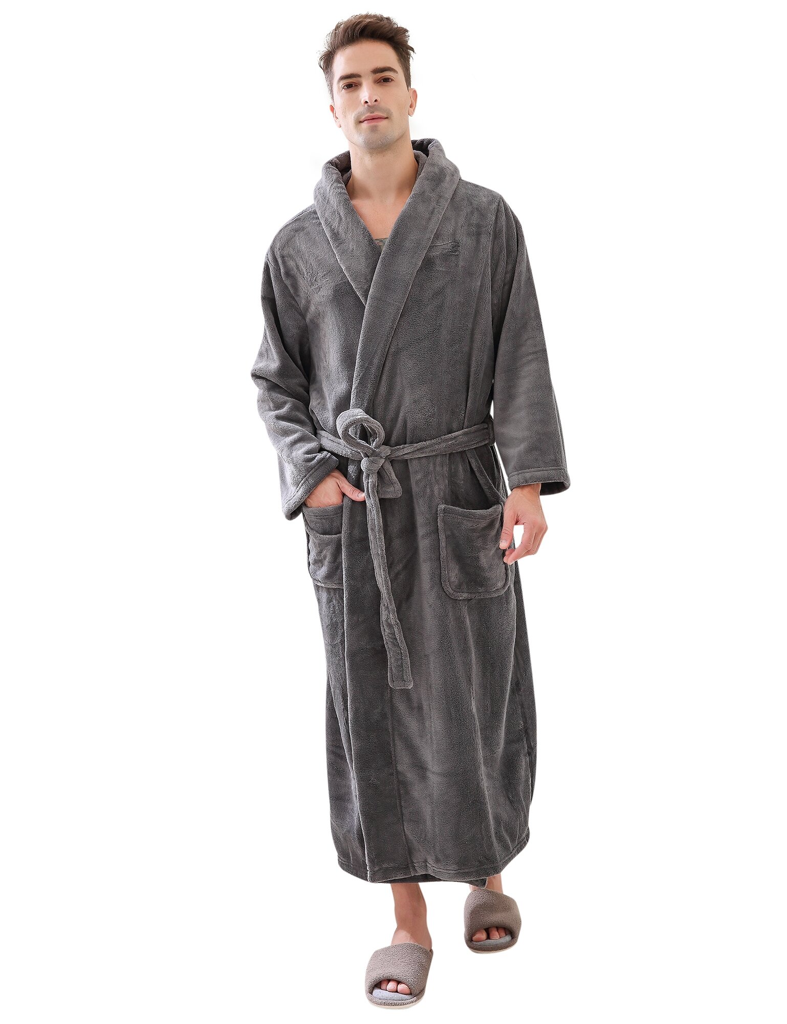 Women's Zip Up Plush Fleece Robe Hooded Warm Long Bathrobe Dressing