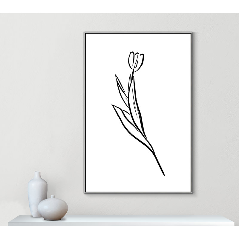 Fleurs simples 1 - reproduction de dessin, Toile avec cadre argenté, H 61,5 po x l 41,5 po x P 2 po