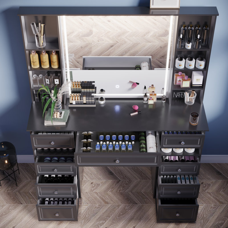 Modern Black Vanity Set with Lighted Mirror & 9 Drawers