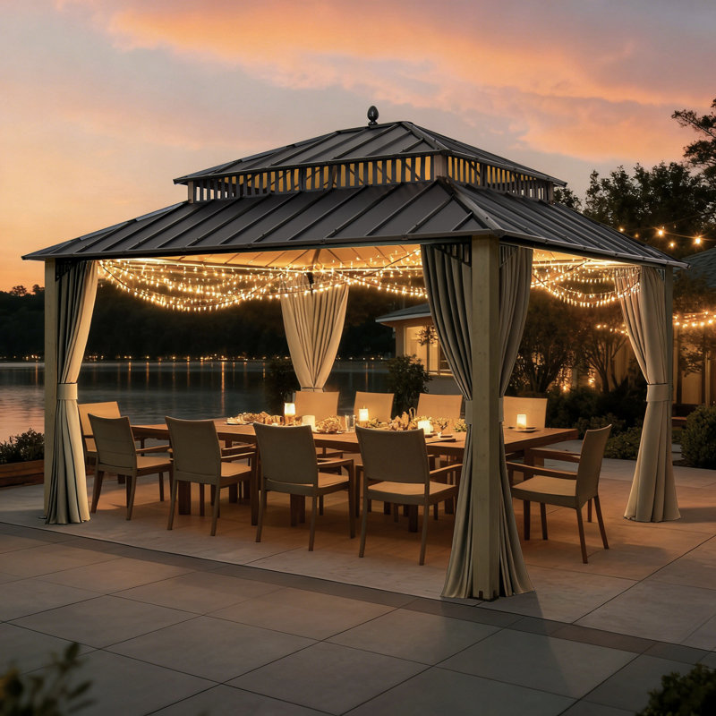 SUNJOY Kingston 12x12 Gazebo, Steel Hardtop Gazebo with Curtain and Netting - Cedar Posts, 14x12