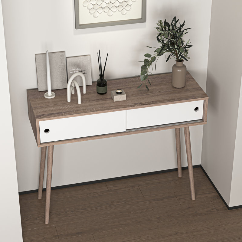 Entryway Table With 2 White Sliding Doors, Console Table With Storage Space And Wood Legs,Sofa Table Behind Couch For Hallway, Living Room, Natural Colour