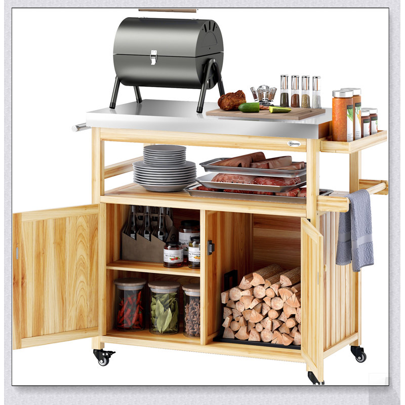 Chariot de barbecue extérieur durable avec roulettes, rangement et plateau en acier inoxydable pour une utilisation toute l'année