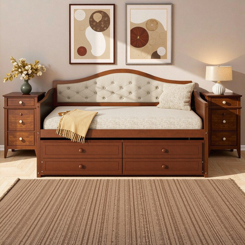 Twin Daybed with Trundle and Storage Drawers, Upholstered Button Tufted Sofa Bed for Guest Rooms, Brown
