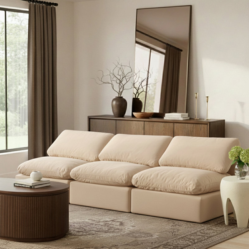 Hinami 105'' Velvet Sofa, Beige Velvet