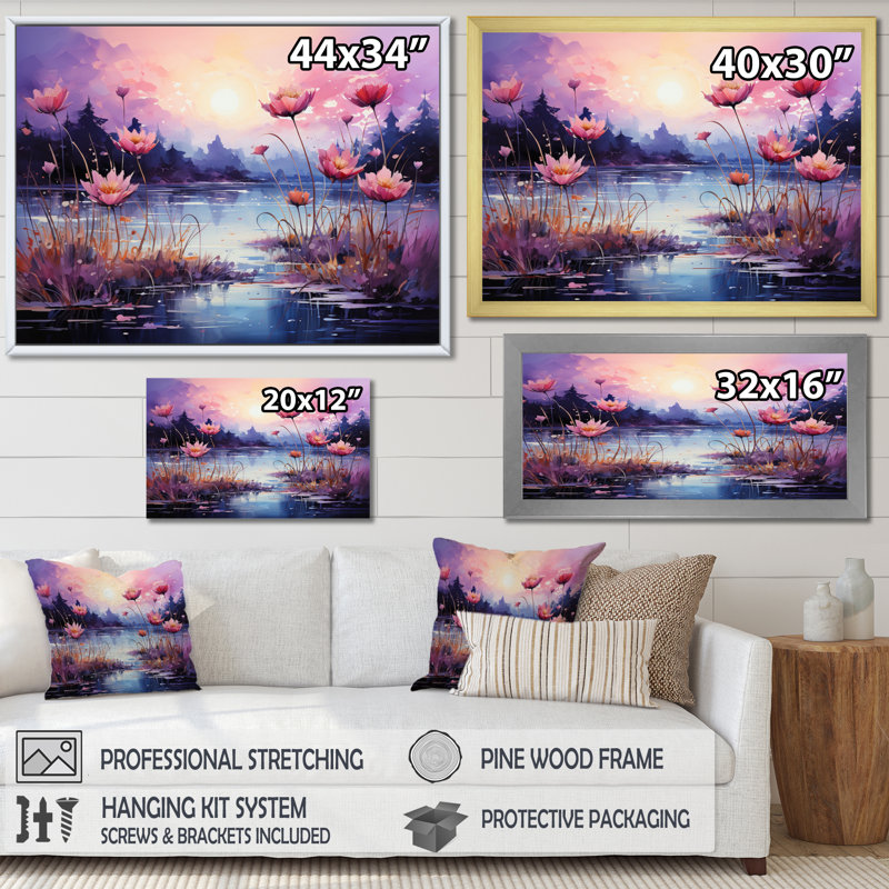 «Pink Purple Riverside Serenity I», reproduction sur toile, H 16 po x l 32 po, Cadre flottant doré