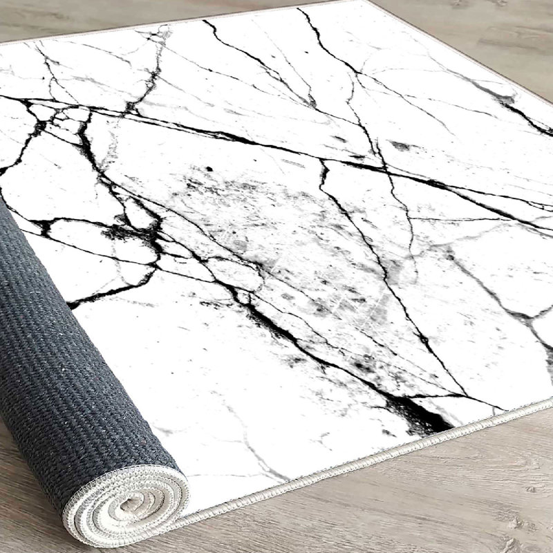 Antibacterial Cotton Area Rug, 3.3 x 6.6 ft, White & Black | Non-Slip PVC Underside, 0.3 in Pile Height, 0.3 in Total Thickness | Machine Washable, Durable Dot Base | Perfect for Home Decor & Living Spaces