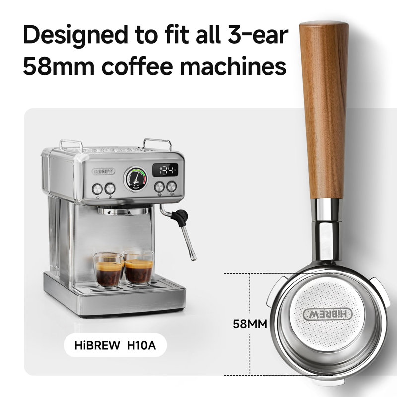Porte-filtre sans fil à 3 oreilles pour machine à café H10A de 58 mm HIBREW - Acier inoxydable avec poignée en bois de rose