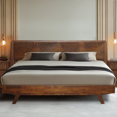 Harmony Solid Wood Bed Frame Platform Style with Sculpted Headboard, Mid-Century Modern, No Box Spring Needed, Smart Tools Assembly, 800 lbs Capacity