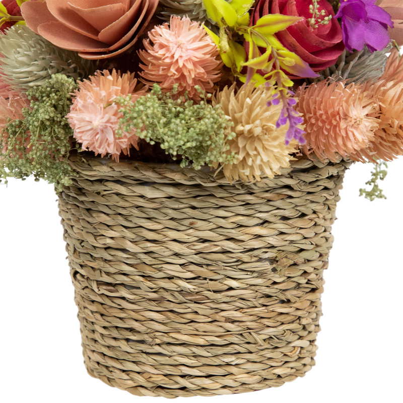 7" Multicolor Fabric and Wood Spring Floral Arrangement in Woven Pot