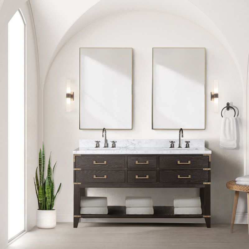 Meuble-lavabo double en chêne brun de 60 à 22 po de hauteur, 4 tiroirs et tablette ouverte, fermeture en douceur, bois massif, contreplaqué, unité entièrement assemblée de 60 po Armoire Bath 22, bois