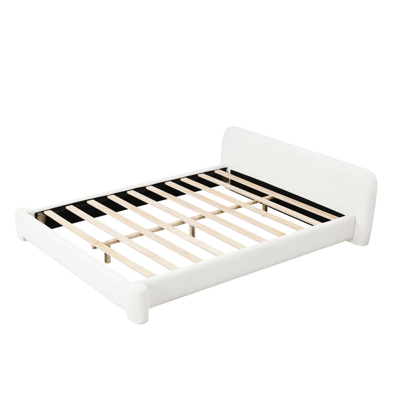 Très grand lit tapissier blanc Boucle, tissu et bois, répartition uniforme du poids, surface de couchage confortable, facile à assembler, sans sommier, sans effort