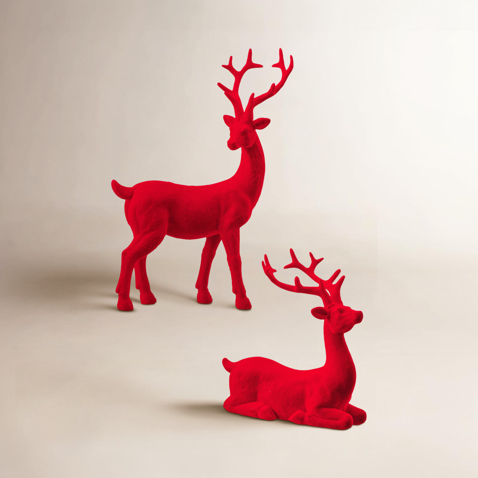 2-Piece Flocked Deer Figurine Set, Red