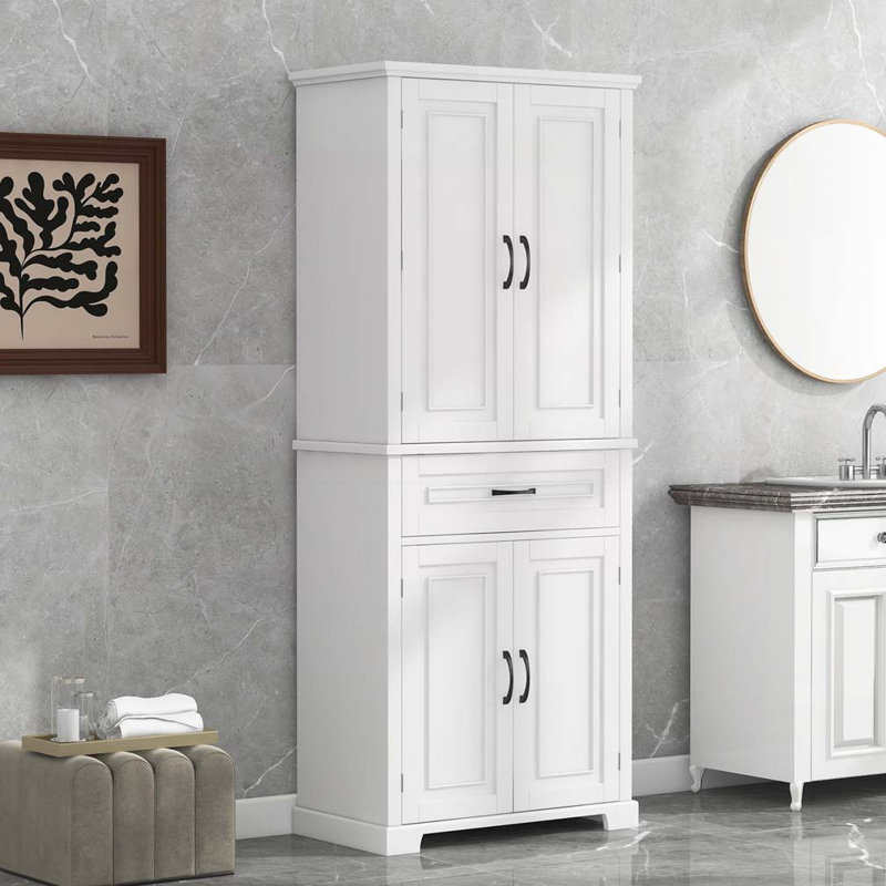 Armoire de rangement de salle de bain avec portes et tiroirs, panier à linge inclinable, plusieurs espaces de rangement, Gris