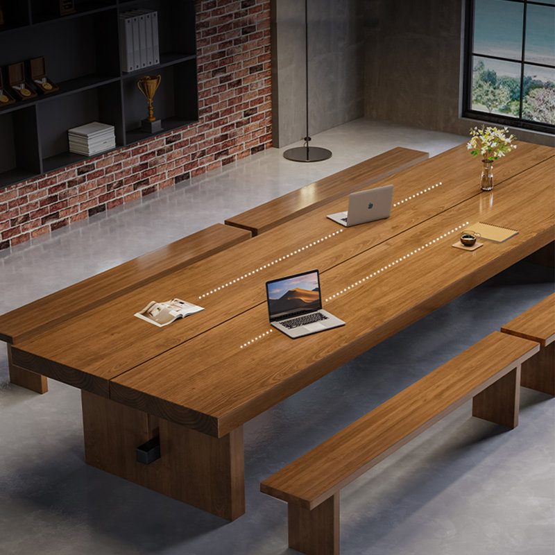 Table de conférence rectangulaire en bois massif brun et noisette + fer, H 29,53 po x L 86,61 po x l 35,43 po