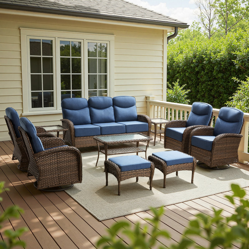 Alakai 7-9 Person Outdoor Wicker Garden Party Conversation Set With Swivel Chairs, Sofa, Ottomans And Tables, Blue