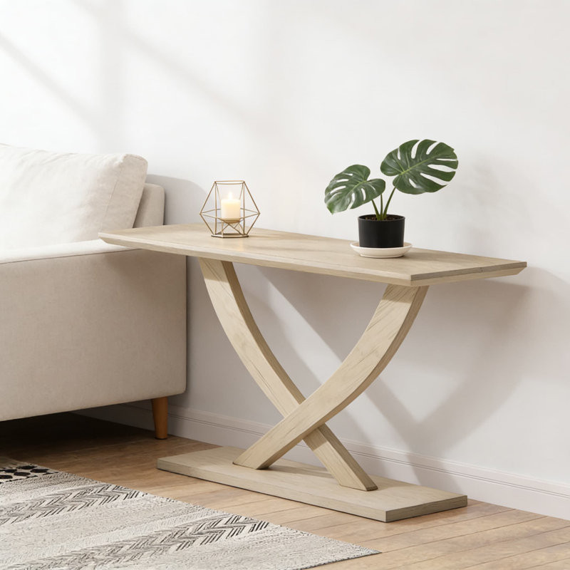 Console en bois d'acacia massif avec plateau de table très épais et pieds robustes en croix pour le vestibule, le couloir ou derrière le canapé