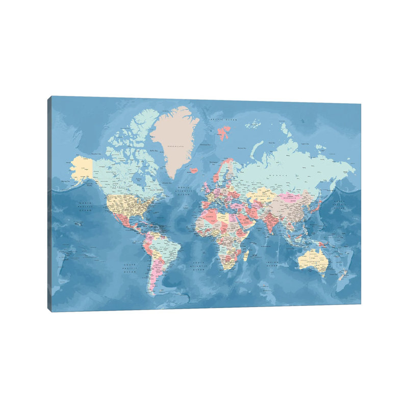 Carte du monde détaillée avec des villes aux couleurs pastel, giclée sur toile tendue avec châssis Vickie