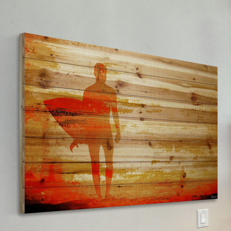 « crépuscule rouge surf » par parvez taj,, reproduction d’art sur bois de pin naturel, H 24 po x l 36 po x P 1,5 po