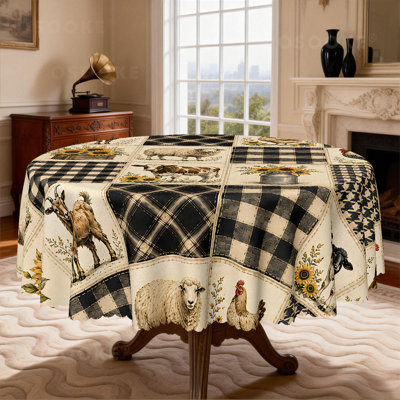 Nappe patchwork automnale, nappe vintage à carreaux vichy tournesols et animaux de la ferme, décoration rustique de grange avec coq, poules, vaches, moutons et chèvres