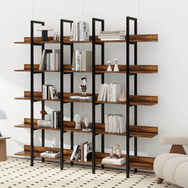 Bibliothèque à 5 niveaux avec bureau ouvert, étagère de style industriel rétro, Brun