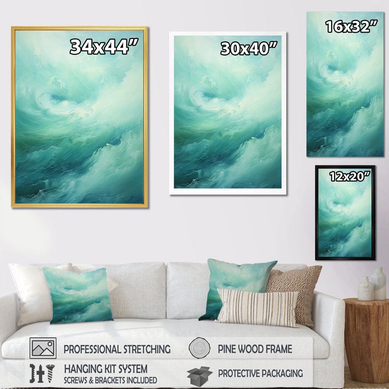 Art mural toile sarcelle tempête et vague - Coastal Waves, Cadre flottant blanc, H 40 po x l 30 po x P 1,5 po