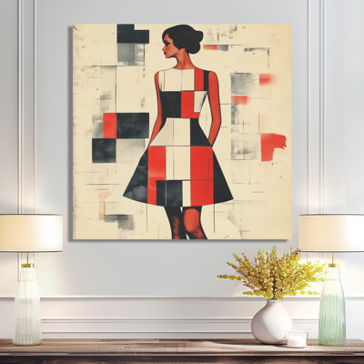 Red Mod Dress in Graphic Rhythm I - Groovy Retro Metal Art, Retro Metal Print