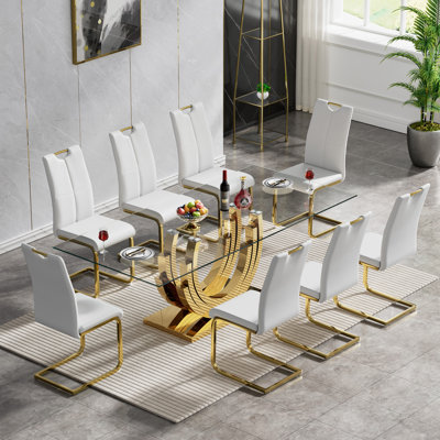 70" Glass Dining Table Set, Clear Glass Dining Table with Stainless Steel Pedestal & Leather Dining Chairs, 70" Rectangle Dining Room Table and Chairs Set, Modern Kitchen Table Set