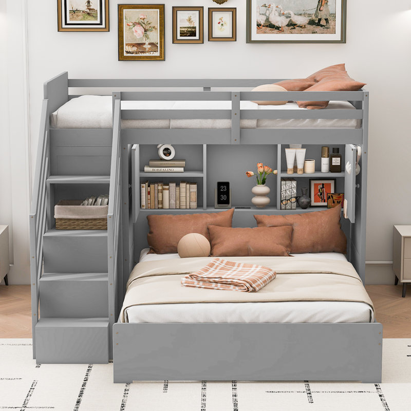 Lit simple superposé au dessus d'un lit double avec escalier de rangement, garde-robe, USB et lit léger, gris, Gris