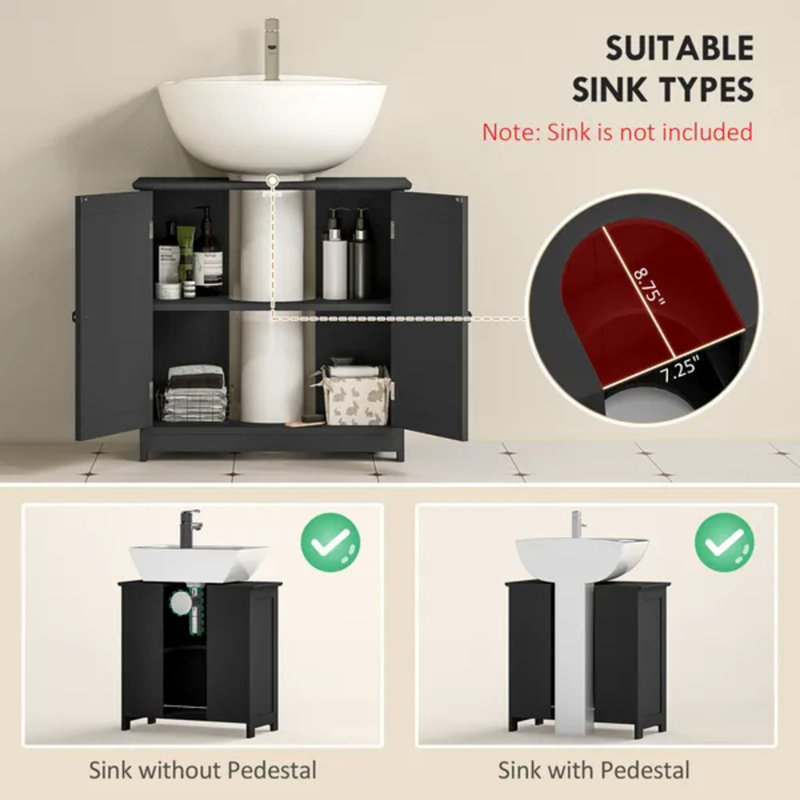 Armoire de rangement à piédestal noire, armoire sous évier avec découpe en U et tablette réglable