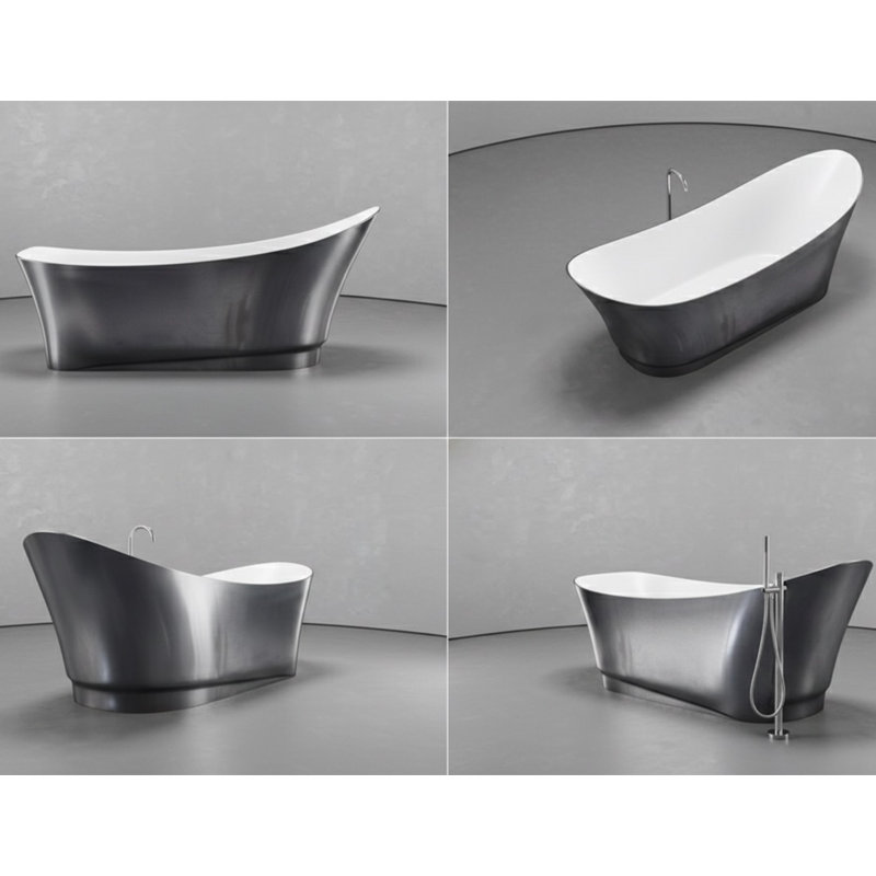 Vast Studio 70.9” x 29.5” Aged Silver/White Freestanding Asymmetrical Bathtub – Deep Soaking Tub with High-Back Wave Design, Sculpted Metallic Finish & Modern Spa-Luxury Comfort