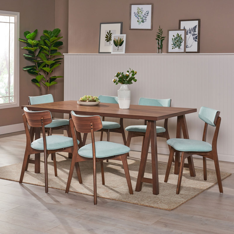 6 - Person Four Leg Dining Set, Walnut, Teal