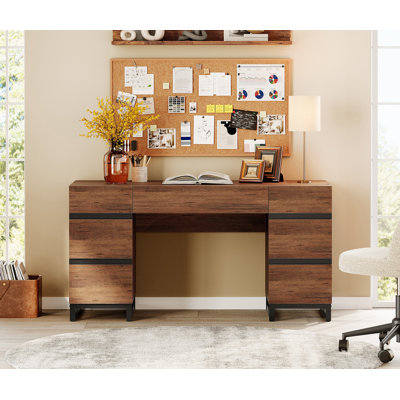  Ensemble de mobilier de bureau: bureau de direction moderne de 59 po avec station de charge et tiroirs et quatre bibliothèques de 72 po de hauteur avec armoire de rangement, mobilier de bureau personnel pour le travail