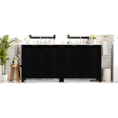Armoire de salle de bain double 72 po - Finition, lavabos en céramique, portes, rangement spacieux dans un cadre en bois massif rétro, poignées dissimulées pour les salles de bain modernes