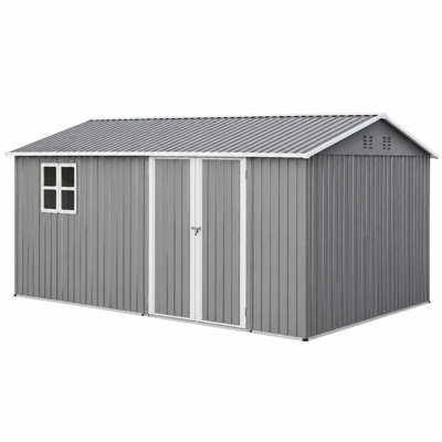 14 x 10 Ft Outdoor Storage Shed, Large Galvanized Steel Garden Tool Shed with Foundation Frame, Lockable Double Doors, Window, Air Vents and Sloped Roof for Backyard, Patio and Poolside, Gray
