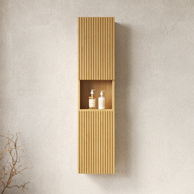 Oak Cabinet For Small Spaces - 59" Tall Narrow Bathroom With Doors And Shelves Neat Arrangement Storage Wall Mounted In
