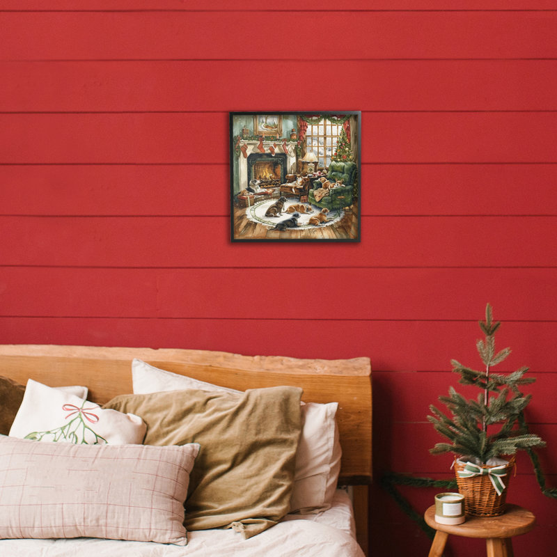 Chiens autour de la cheminée de Noël, estampe numérique, conception par LSR Design Studio, Giclée encadrée noir minuit