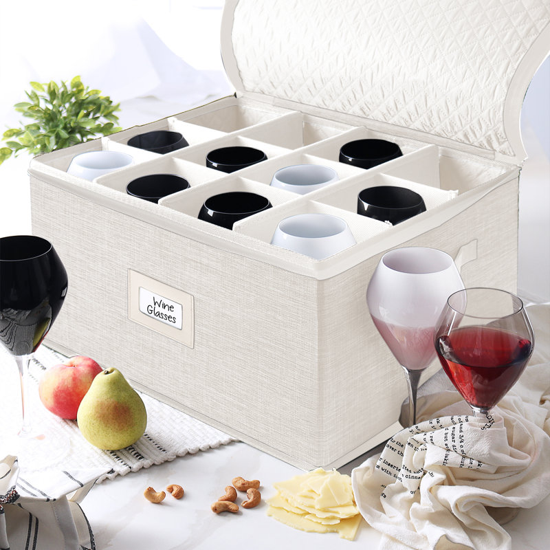 Boîte de rangement rigide pour verres à vin / verres à pied avec séparateurs, Beige, Paquet de 1