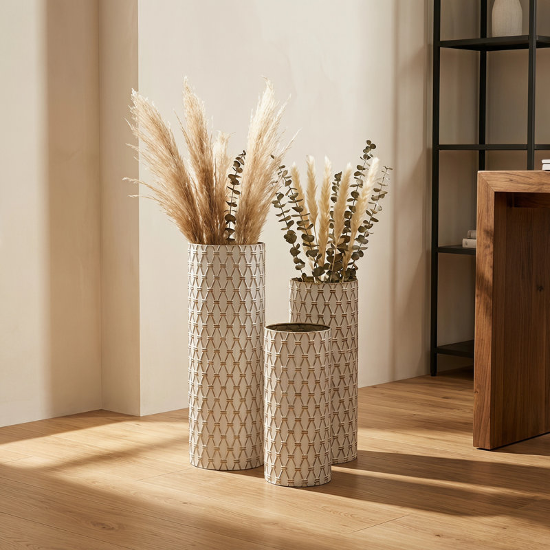 Vase de sol décoratif haut en métal texturé géométrique à motif losanges, lot de 3