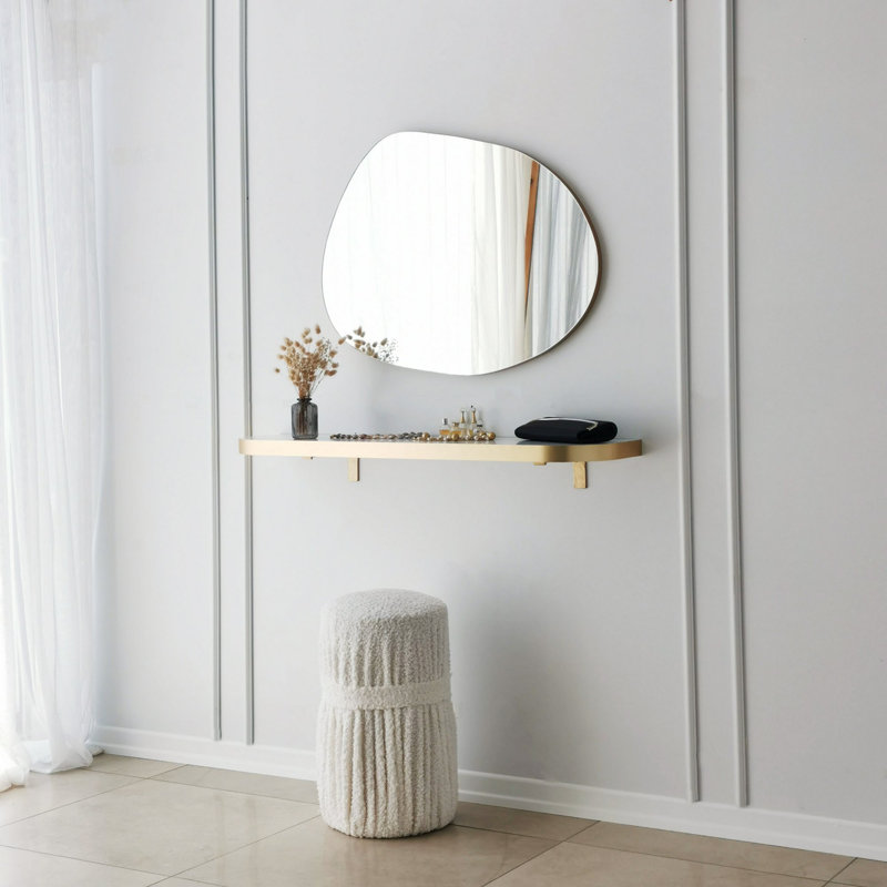 Élégant miroir mural abstrait, couleur or, 29,5 po x 21,7 po | 100% panneau de particules enduit de mélamine, épaisseur: 0,7 pouce | Réglable horizontalement et verticalement, parfait pour la décoration intérieure et les intérieurs modernes
